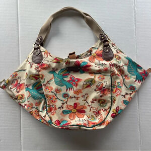 Lucky Brand Large Floral Bird Canvas Hobo Bag Tote Purse Bright Colorful VGUC